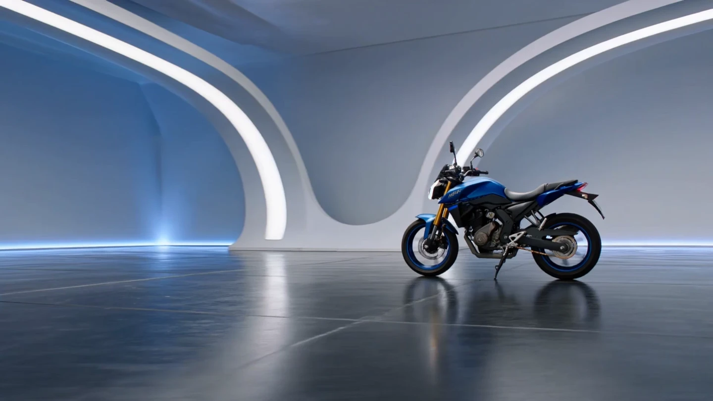 Moto azul en un estudio futurista